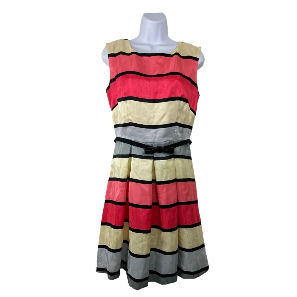 Danny & Nicole Red, Cream & Black Striped Sleeveless Belted Midi‎ Dress Sz 10 - Picture 2 of 6